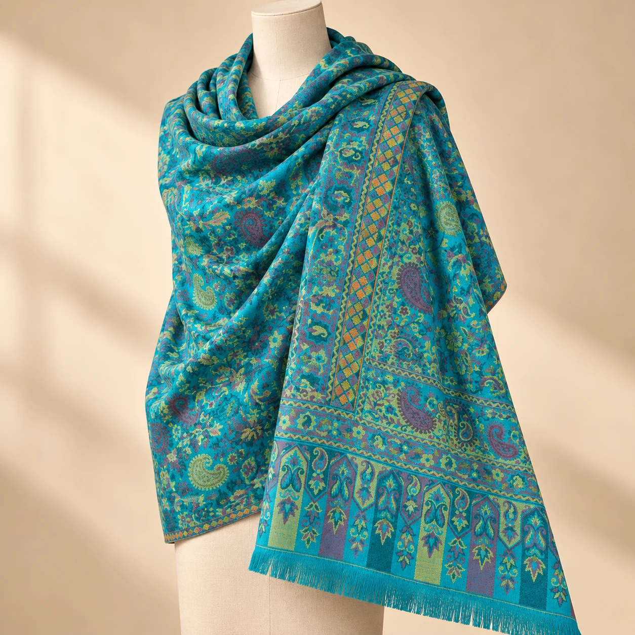 Turquoise Blue Floral Paisley Kani Shawl