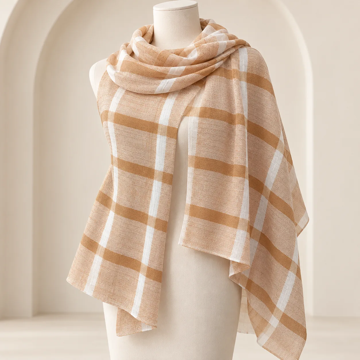 Beige & Ivory Check Fine Wool Shawl