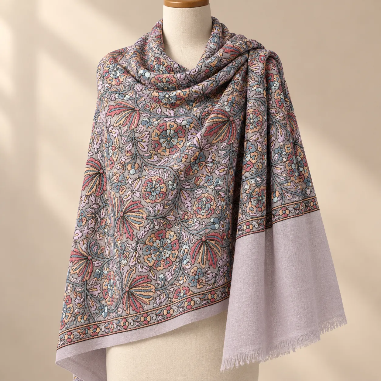 Lavender Floral Sozni Jamawar Fine Wool Shawl
