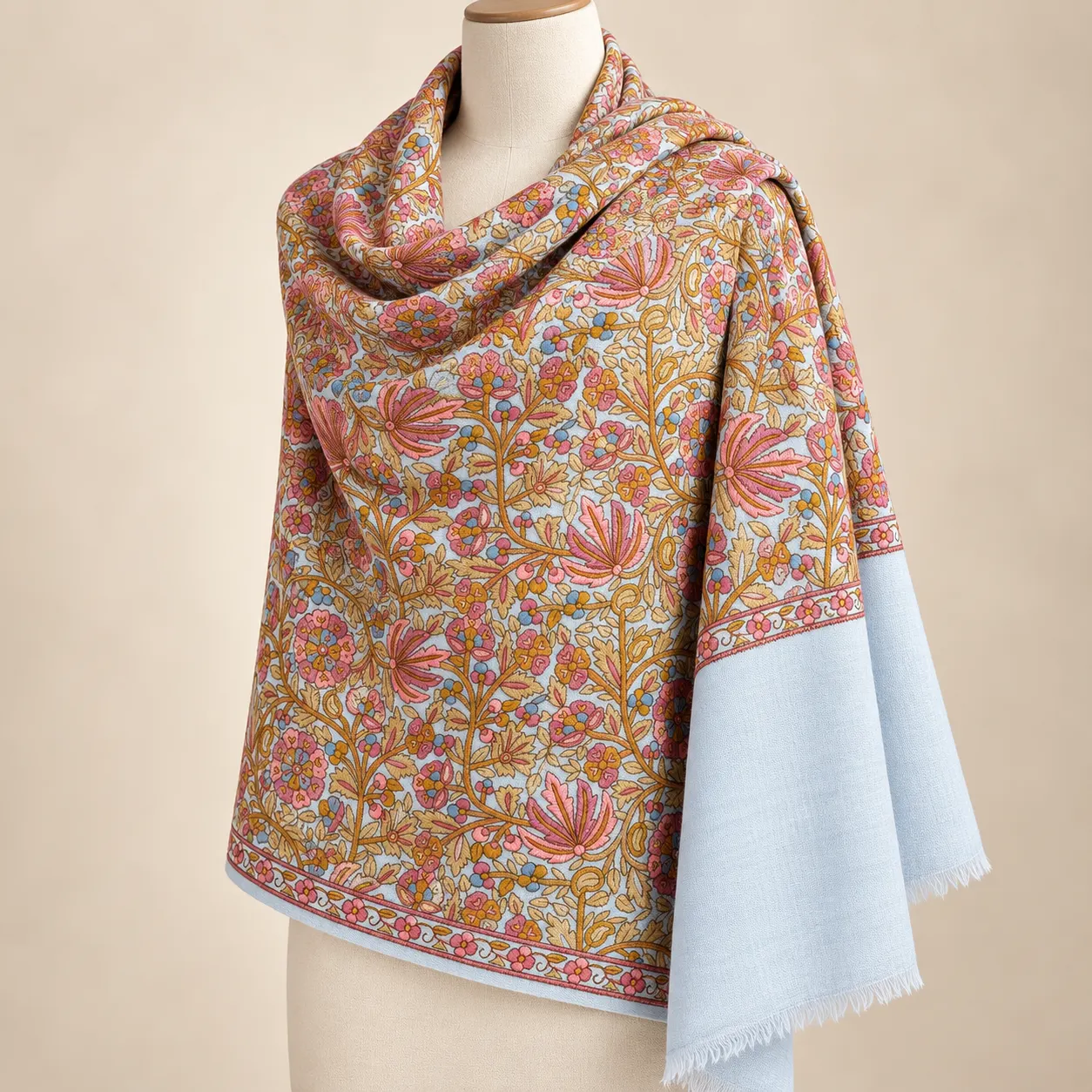 Sky Blue Floral Sozni Jamawar Fine Wool Shawl